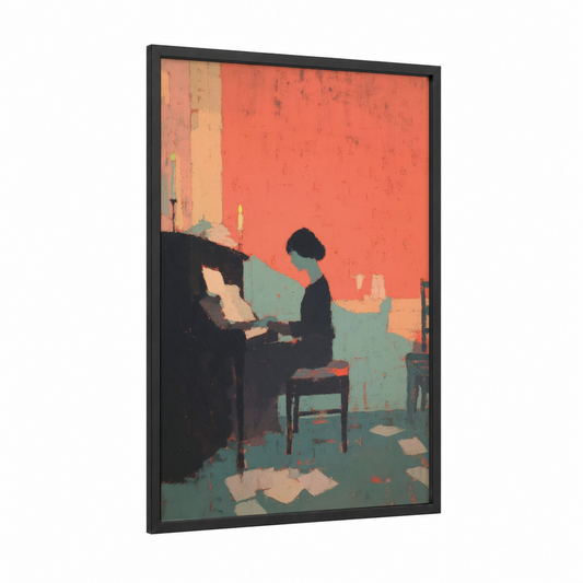 Crimson Pianist framed piano print — black wood frame — salmon pink and teal palette