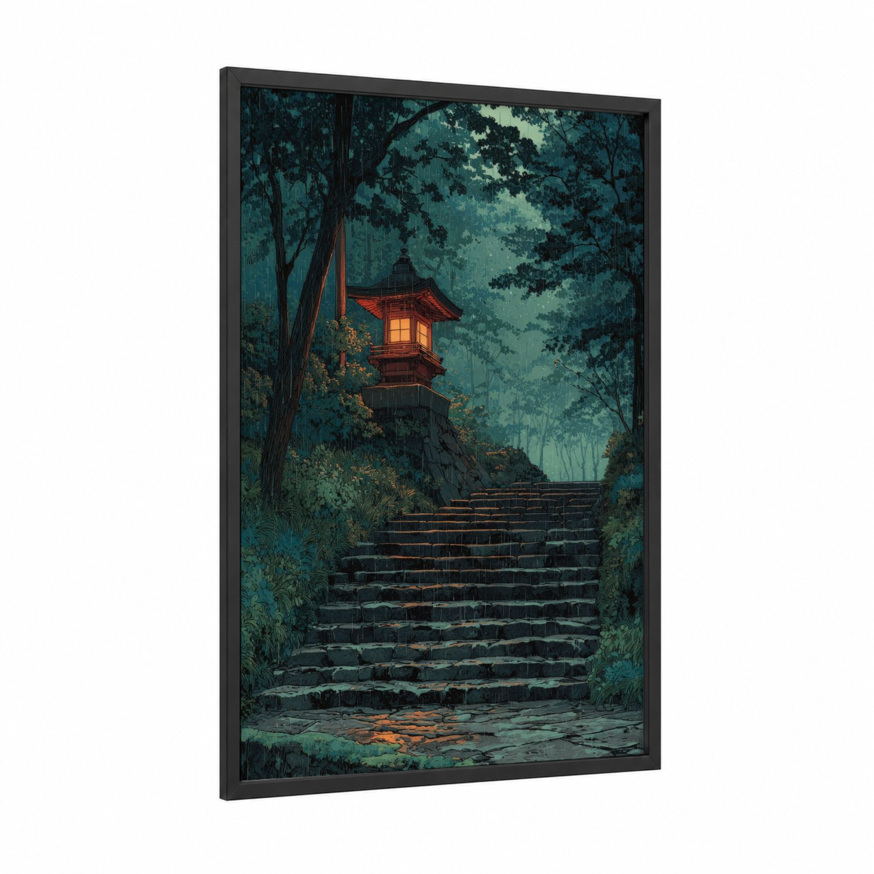 Misty Temple Pagoda framed art print — black wood frame — teal and gold palette