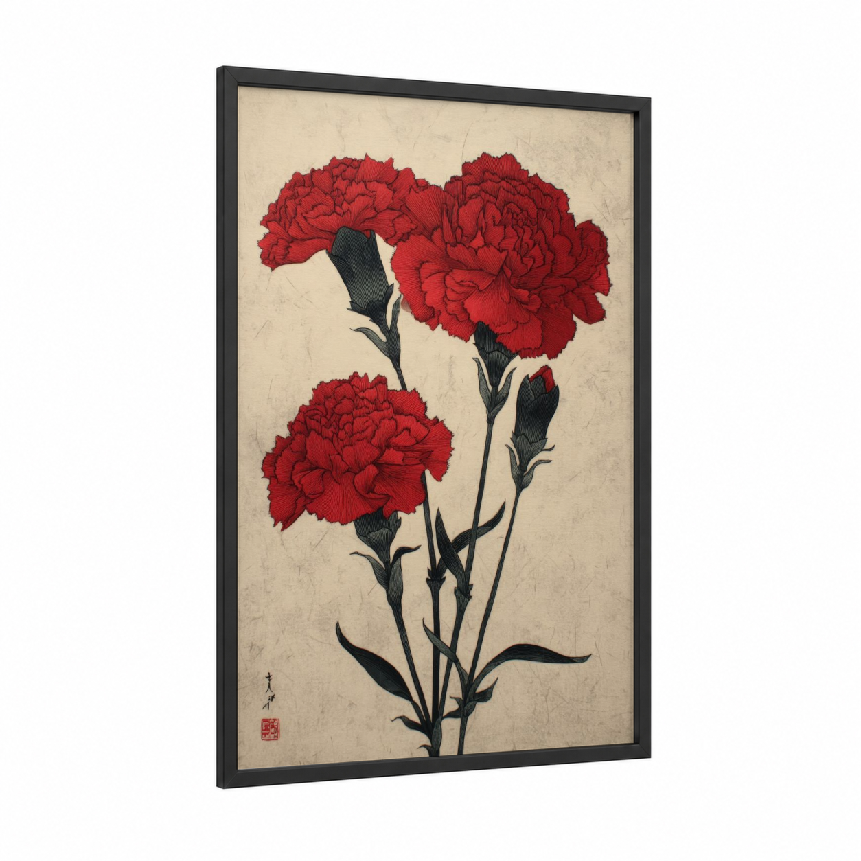 Crimson Carnations framed art print — black wood frame — red and cream palette