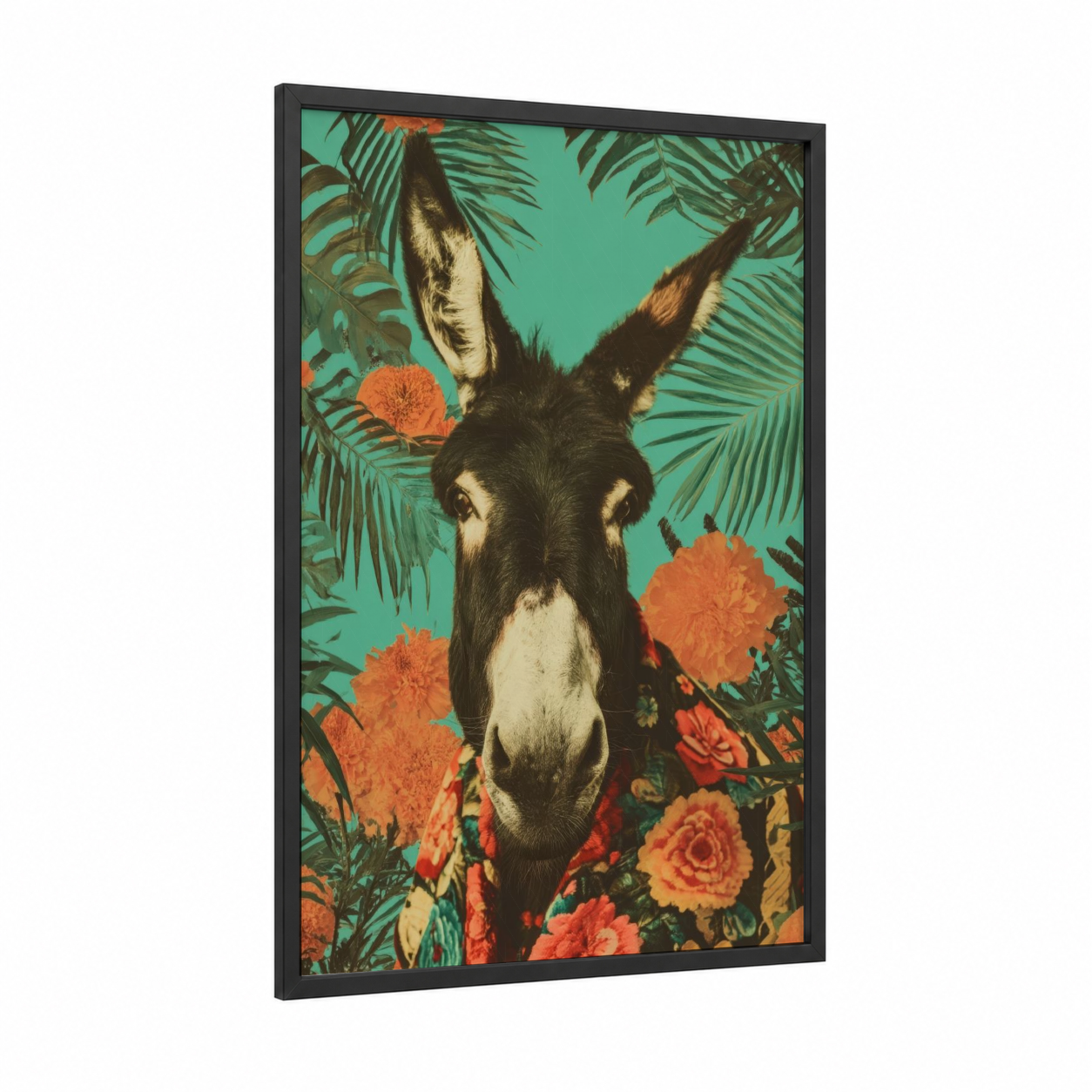 Tropical Donkey framed art print — black wood frame — teal and orange palette