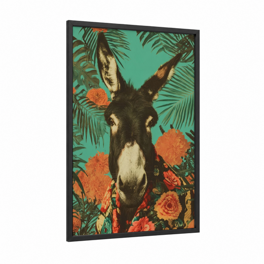 Tropical Donkey framed art print — black wood frame — teal and orange palette