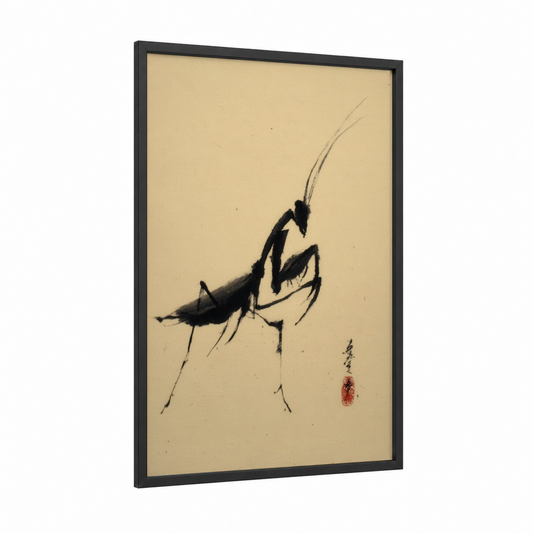 Poised Mantis framed prayin mantis print — black wood frame — black and cream palette