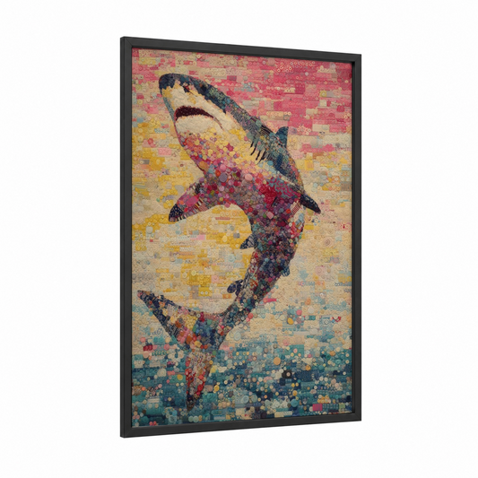 Celestial Basking Shark framed art print — black wood frame — pink and gold palette