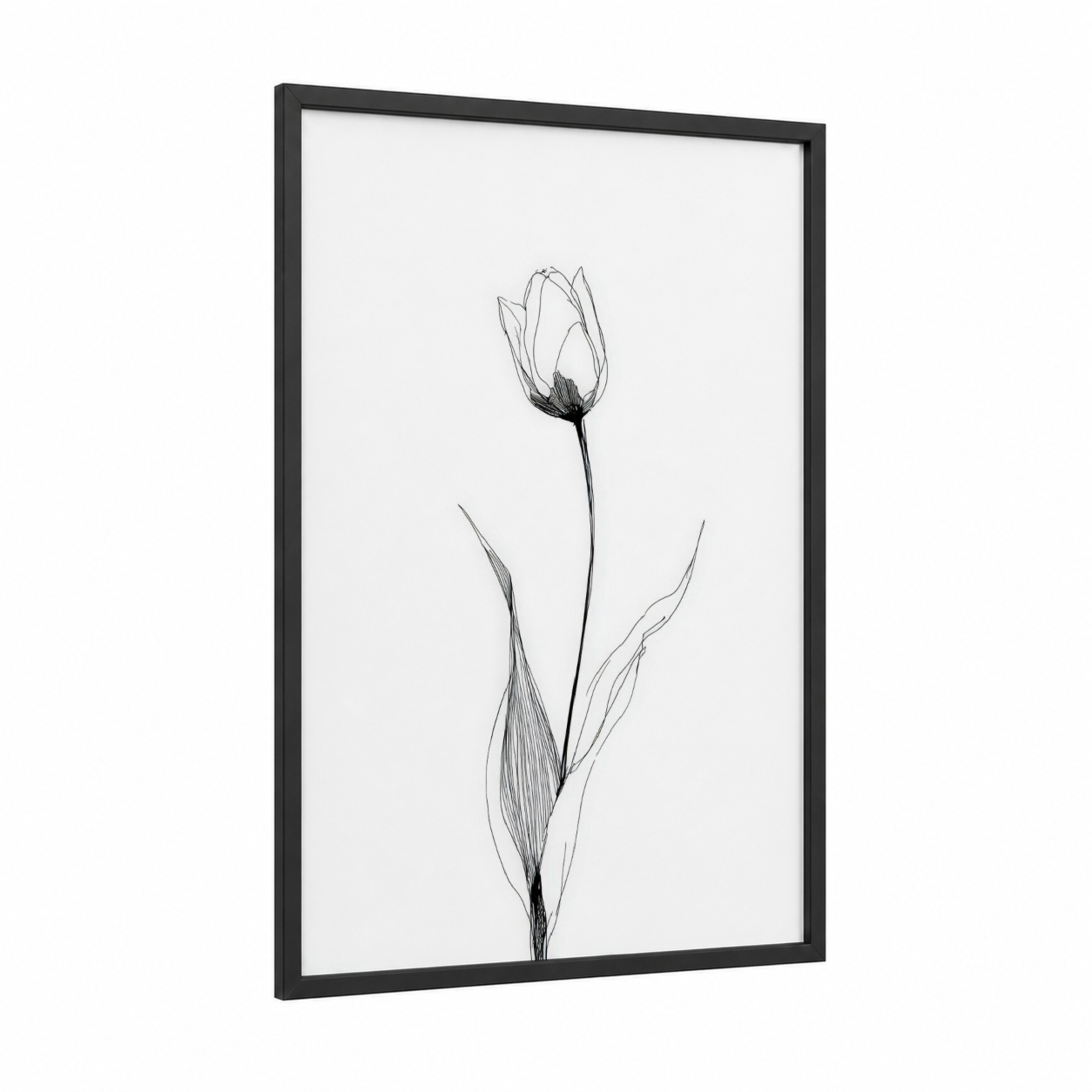 Minimalist Tulip framed art print — black wood frame — black and white palette