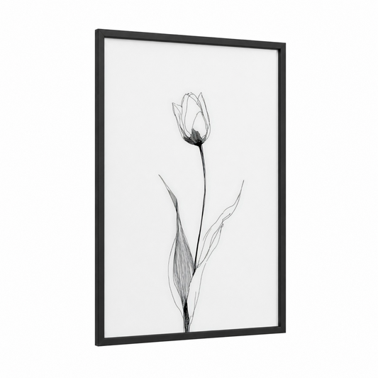 Minimalist Tulip framed art print — black wood frame — black and white palette