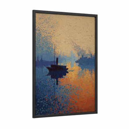 Golden Harbor Sunrise framed port print — black wood frame — gold and blue palette