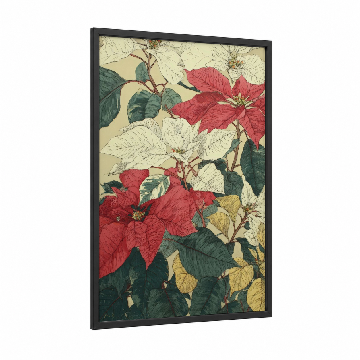 Festive Poinsettia Medley framed poinsettias print — black wood frame — red and cream palette