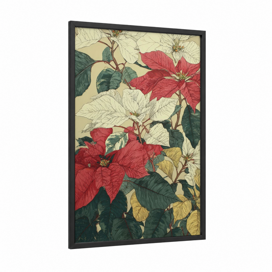 Festive Poinsettia Medley framed poinsettias print — black wood frame — red and cream palette