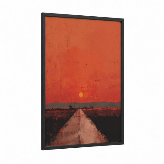 Desert Highway Sunset framed road and highways print — black wood frame — red and gold palette