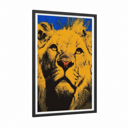 Golden Lion Gaze framed art print — black wood frame — gold and blue palette
