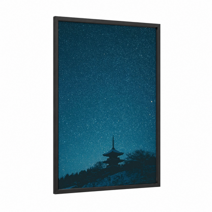 Starlit Pagoda framed space print — black wood frame — dark blue and blue and white palette