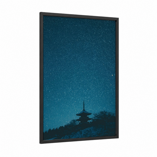 Starlit Pagoda framed space print — black wood frame — dark blue and blue and white palette