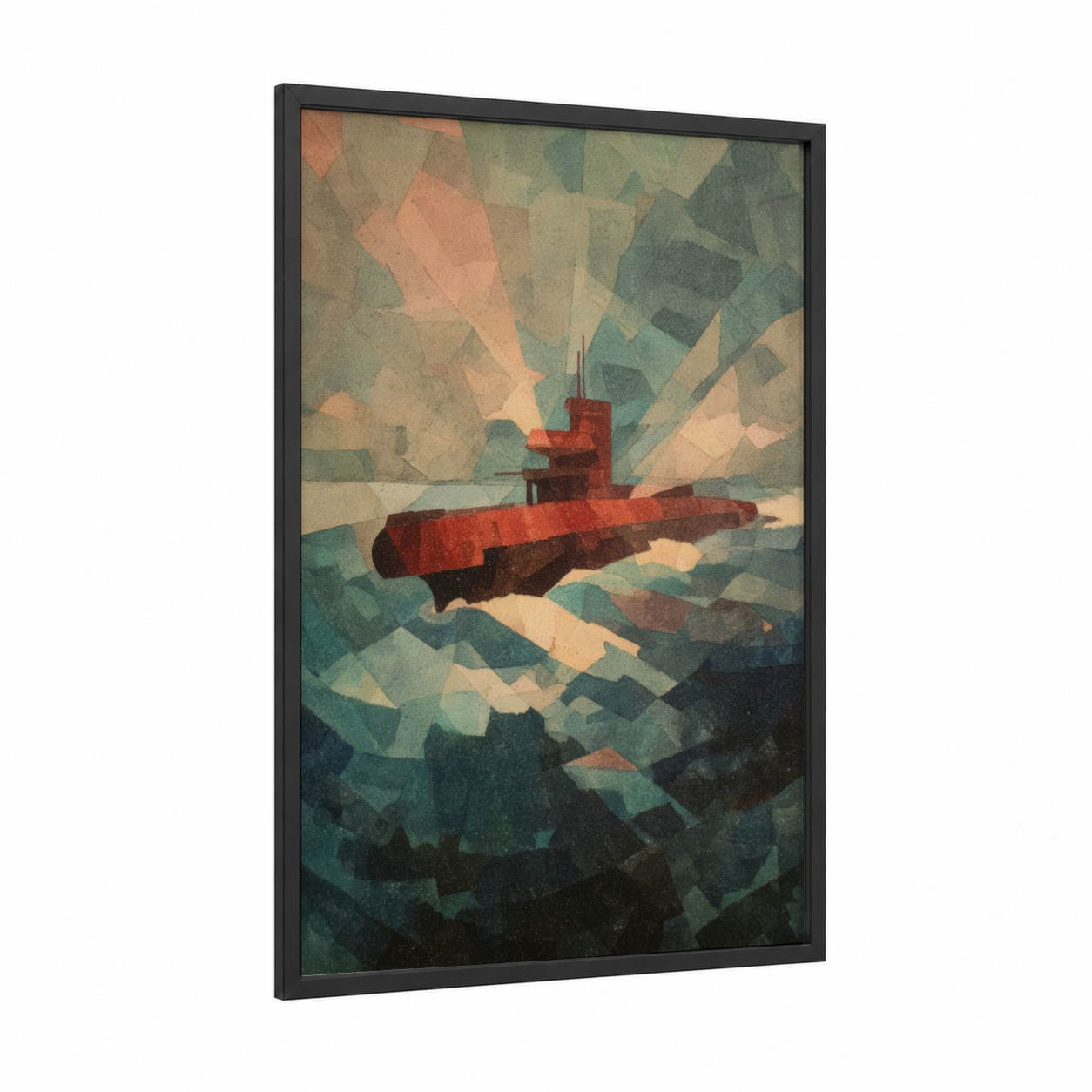 Deep Red Submarine framed art print — black wood frame — red and teal palette