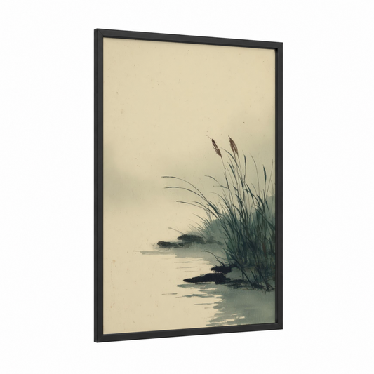 Misty Wetland framed art print — black wood frame — gray and cream palette