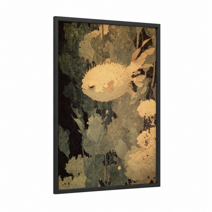 Spiky Puffer Fish framed art print — black wood frame — cream and sage green palette