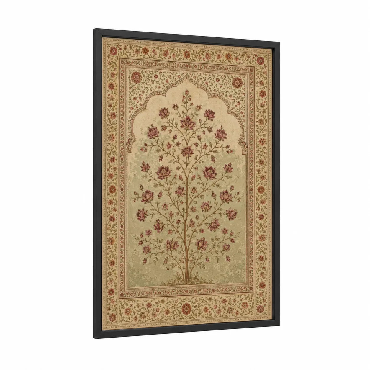 Persian Floral Tree Tapestry Wall Art framed flower print — black wood frame — beige and maroon palette