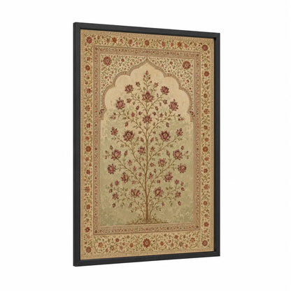 Persian Floral Tree Tapestry Wall Art framed flower print — black wood frame — beige and maroon palette