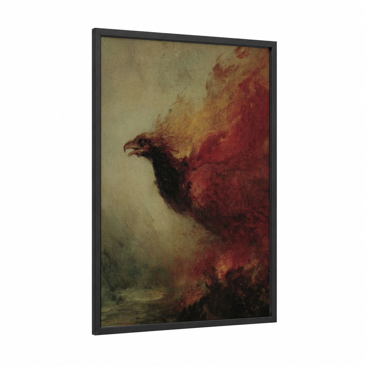 Fiery Chimera framed art print — black wood frame — russet and gold palette