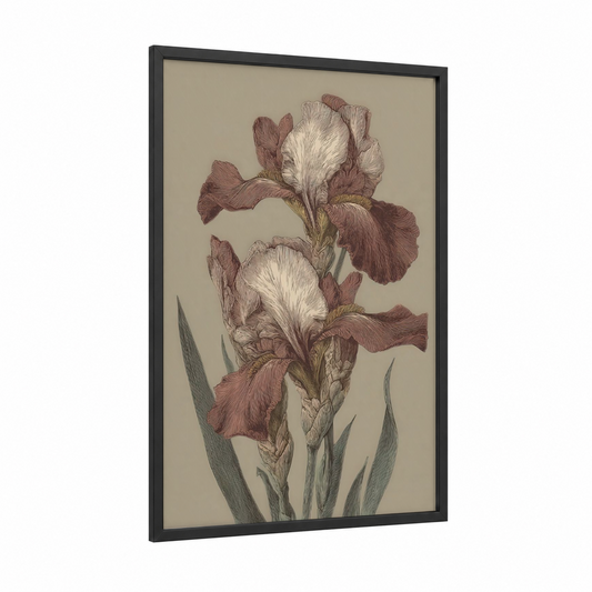 Mauve Iris Pair framed art print — black wood frame — maroon and cream palette