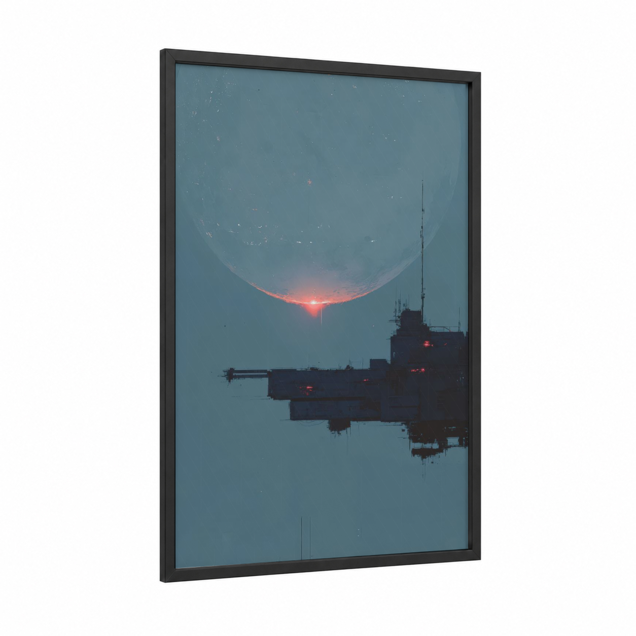 Orbital Sunset framed satellite print — black wood frame — blue and gold palette