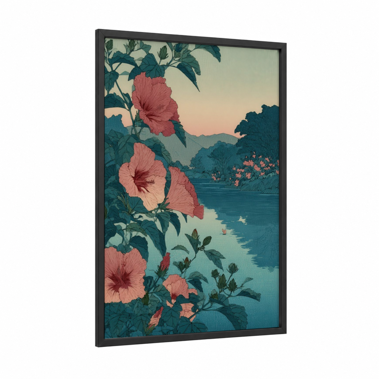 Lakeside Hibiscus framed art print — black wood frame — blue and salmon pink palette