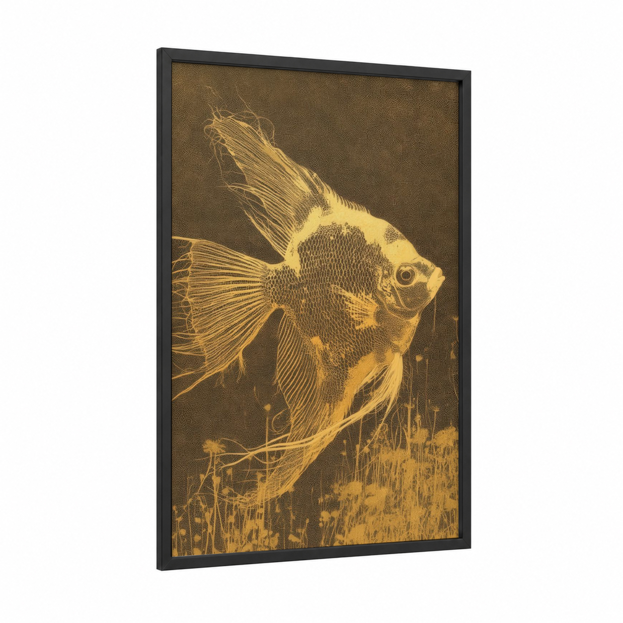 Golden Angel Fish framed art print — black wood frame — gold and brown palette
