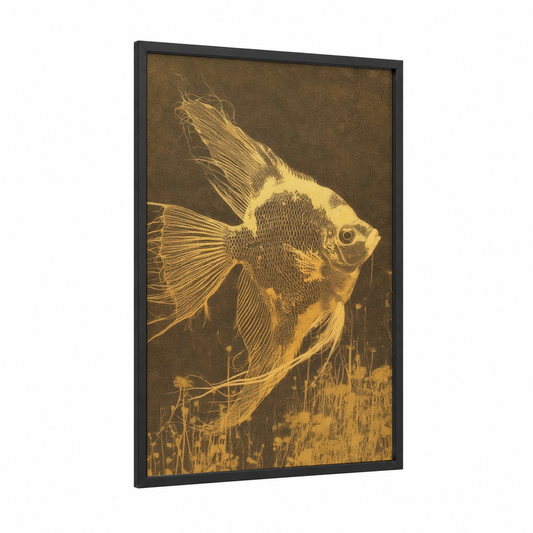 Golden Angel Fish framed art print — black wood frame — gold and brown palette