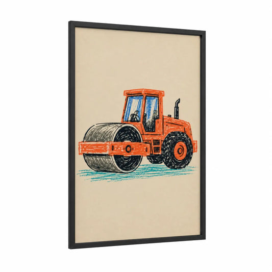 Orange Road Roller Illustration Wall Art framed truck print — black wood frame — orange and beige palette