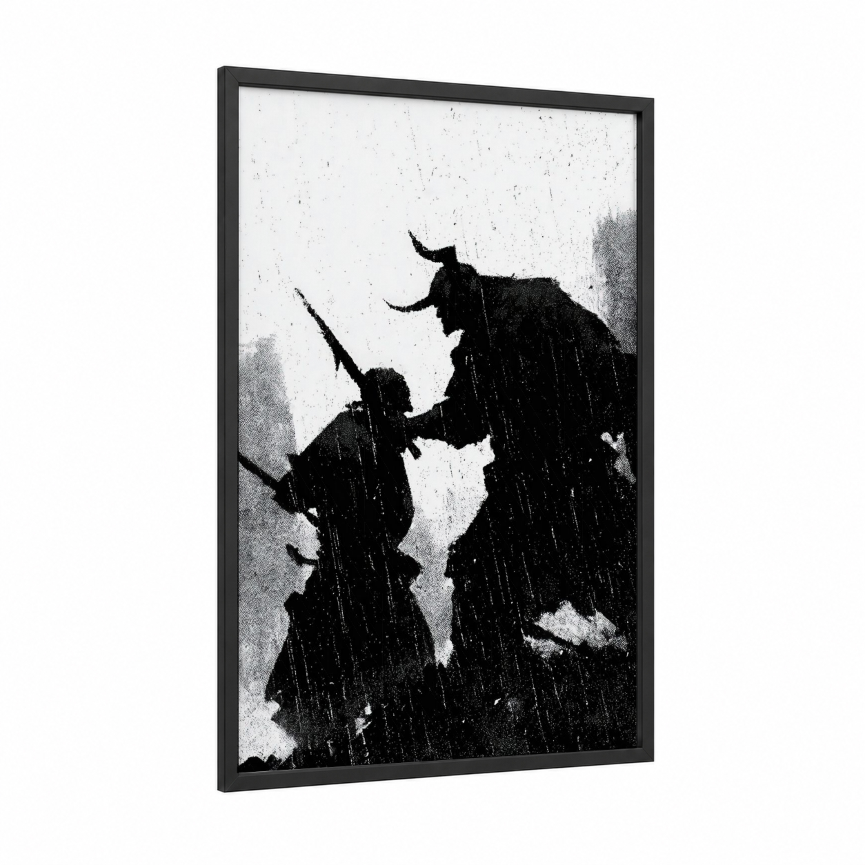 Rainy Orc Pair framed art print — black wood frame — black and white palette