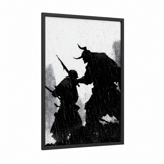 Rainy Orc Pair framed art print — black wood frame — black and white palette