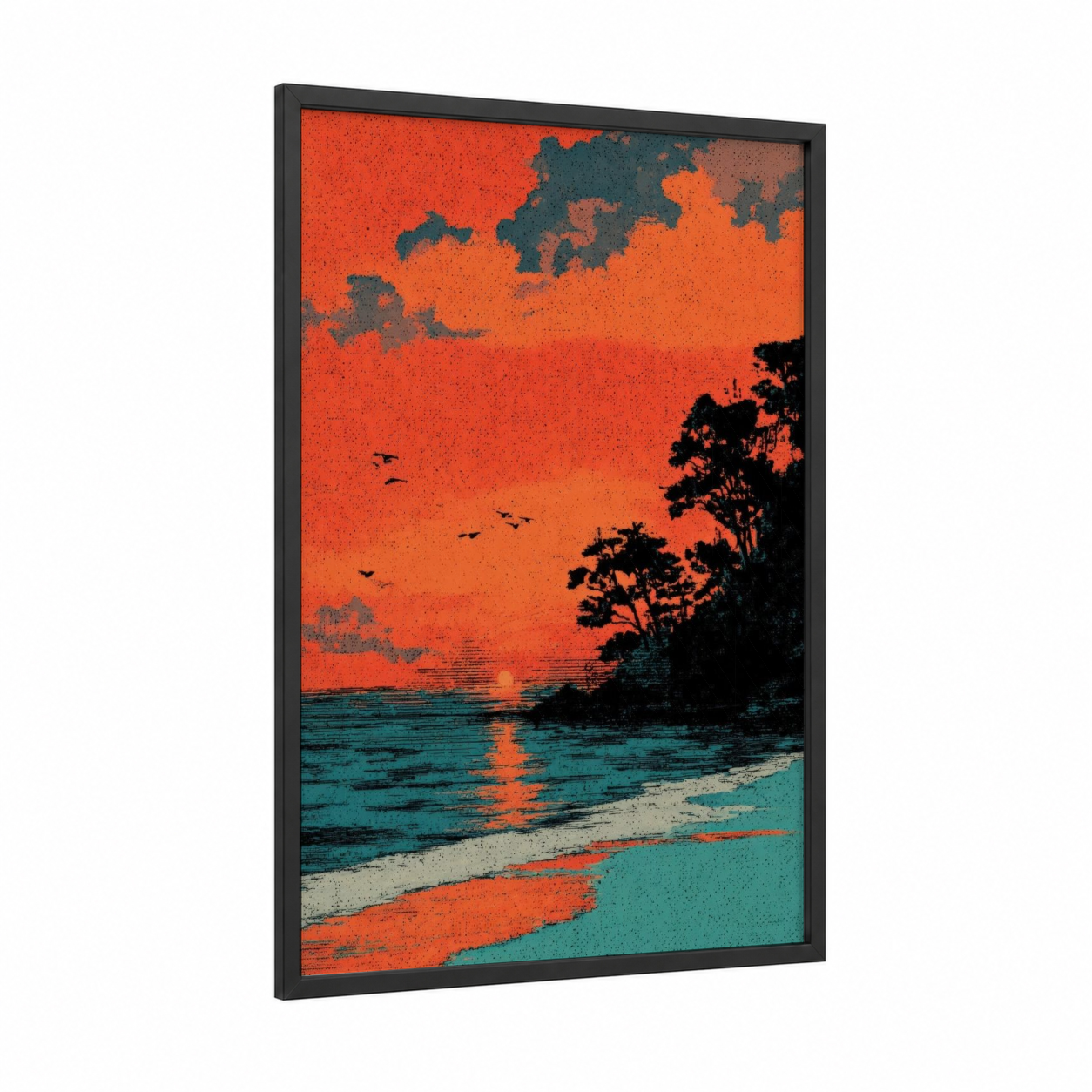 Crimson Sunset Beach framed beach sunrise and sunsets print — black wood frame — orange and teal palette