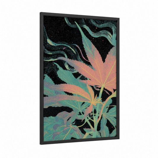 Cosmic Cannabis framed marijuana print — black wood frame — light green and salmon pink palette