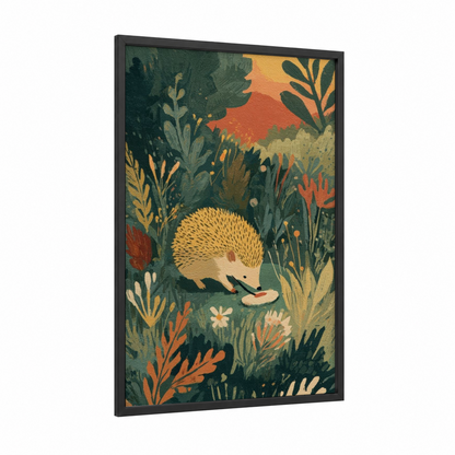 Garden Hedgehog framed art print — black wood frame — dark green and gold palette