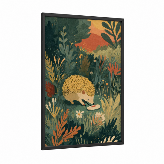 Garden Hedgehog framed art print — black wood frame — dark green and gold palette