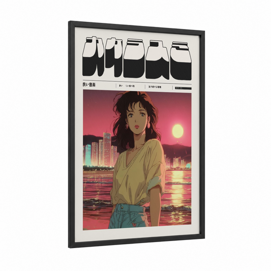 Neon Sunset Girl framed anime and manga print — black wood frame — magenta and gold palette