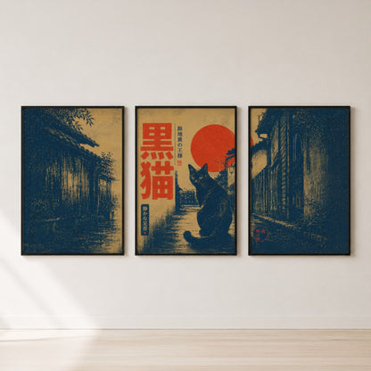 Japanese Black Cat Sunset Triptych Wall Art — set hero