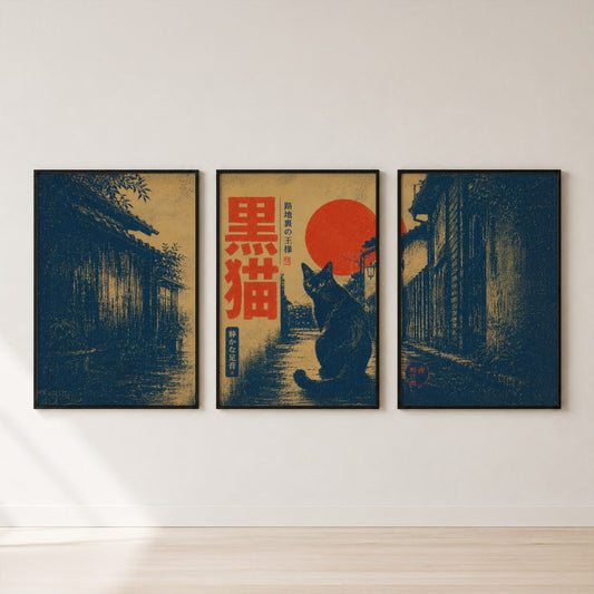 Japanese Black Cat Sunset Triptych Wall Art — set hero