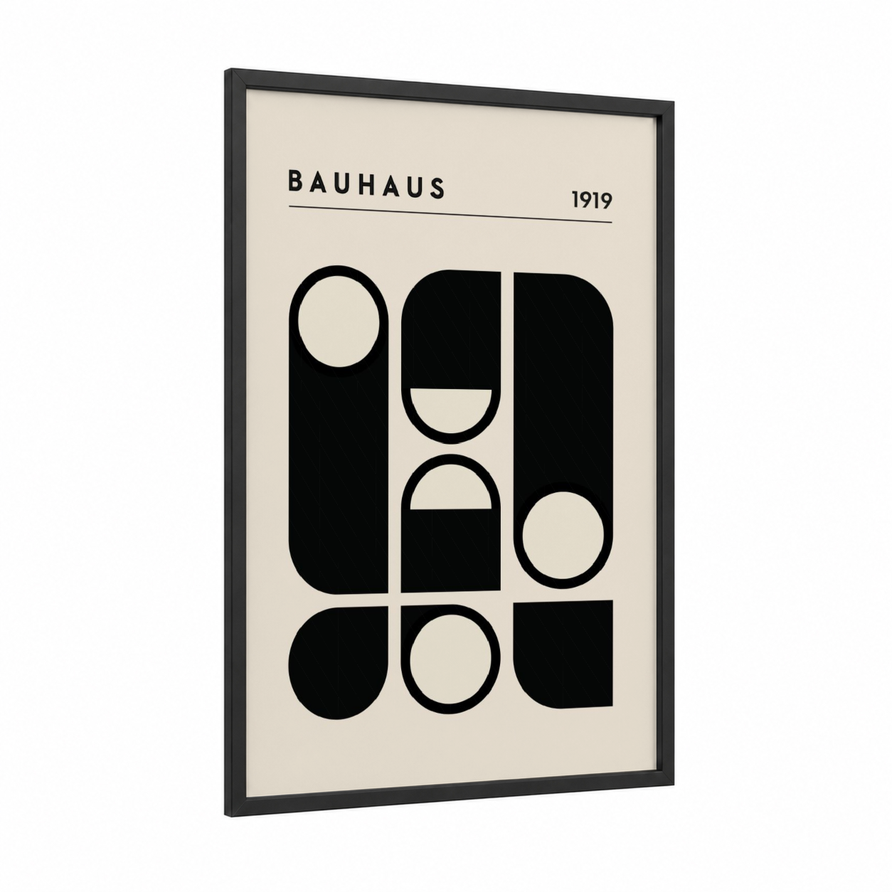 Bauhaus Circles framed abstract geometric print — black wood frame — black and cream palette