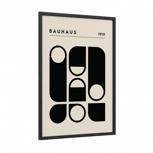 Bauhaus Circles framed abstract geometric print — black wood frame — black and cream palette