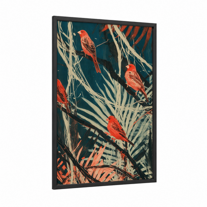 Crimson Finches framed art print — black wood frame — red and dark blue palette
