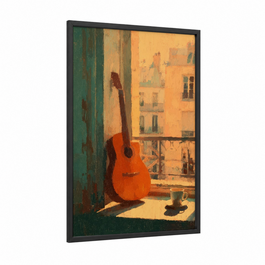Parisian Guitar framed bass guitar print — black wood frame — gold palette