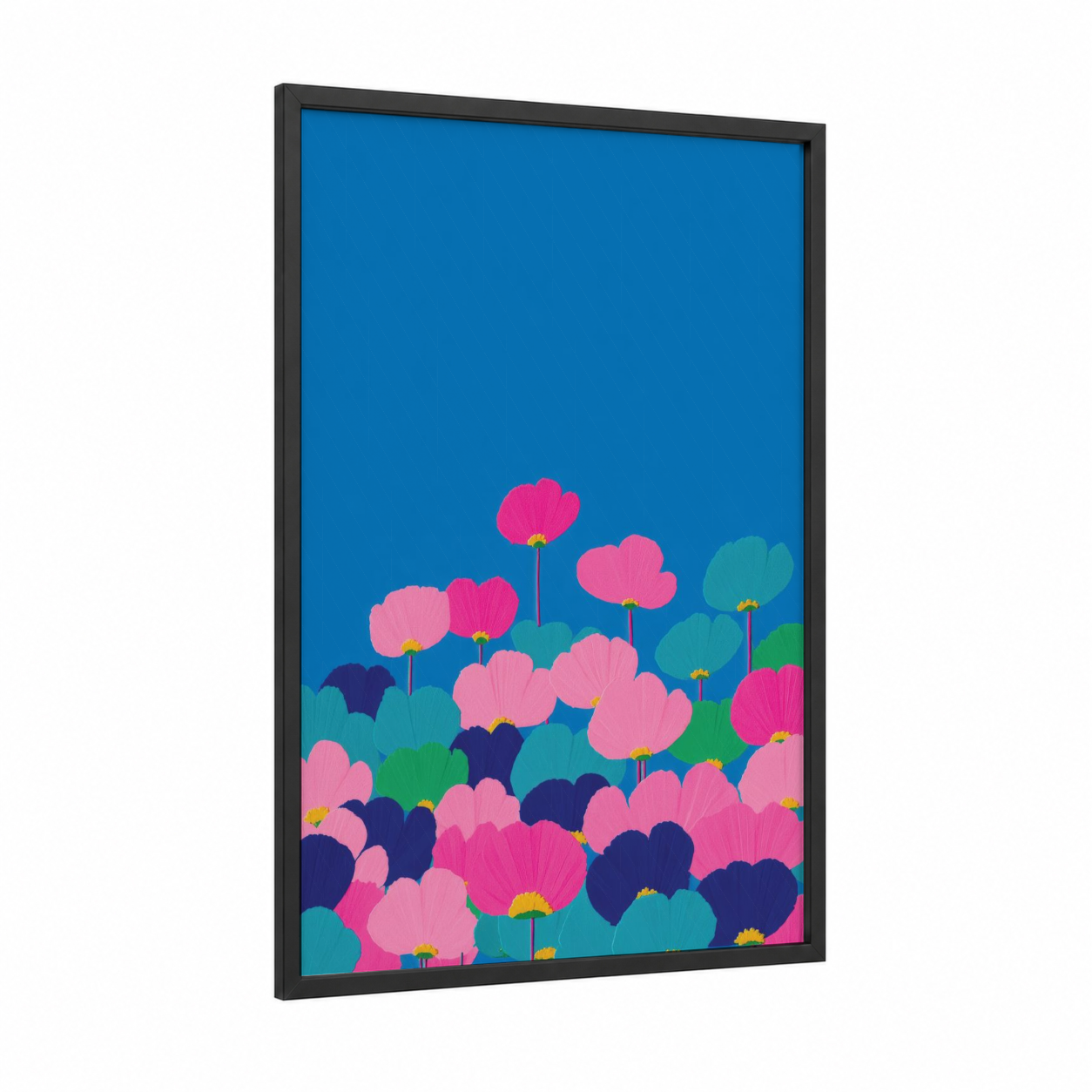 Vibrant Flower Field framed abstract flower print — black wood frame — pink and blue palette