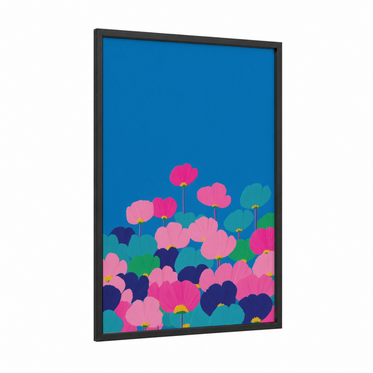 Vibrant Flower Field framed abstract flower print — black wood frame — pink and blue palette