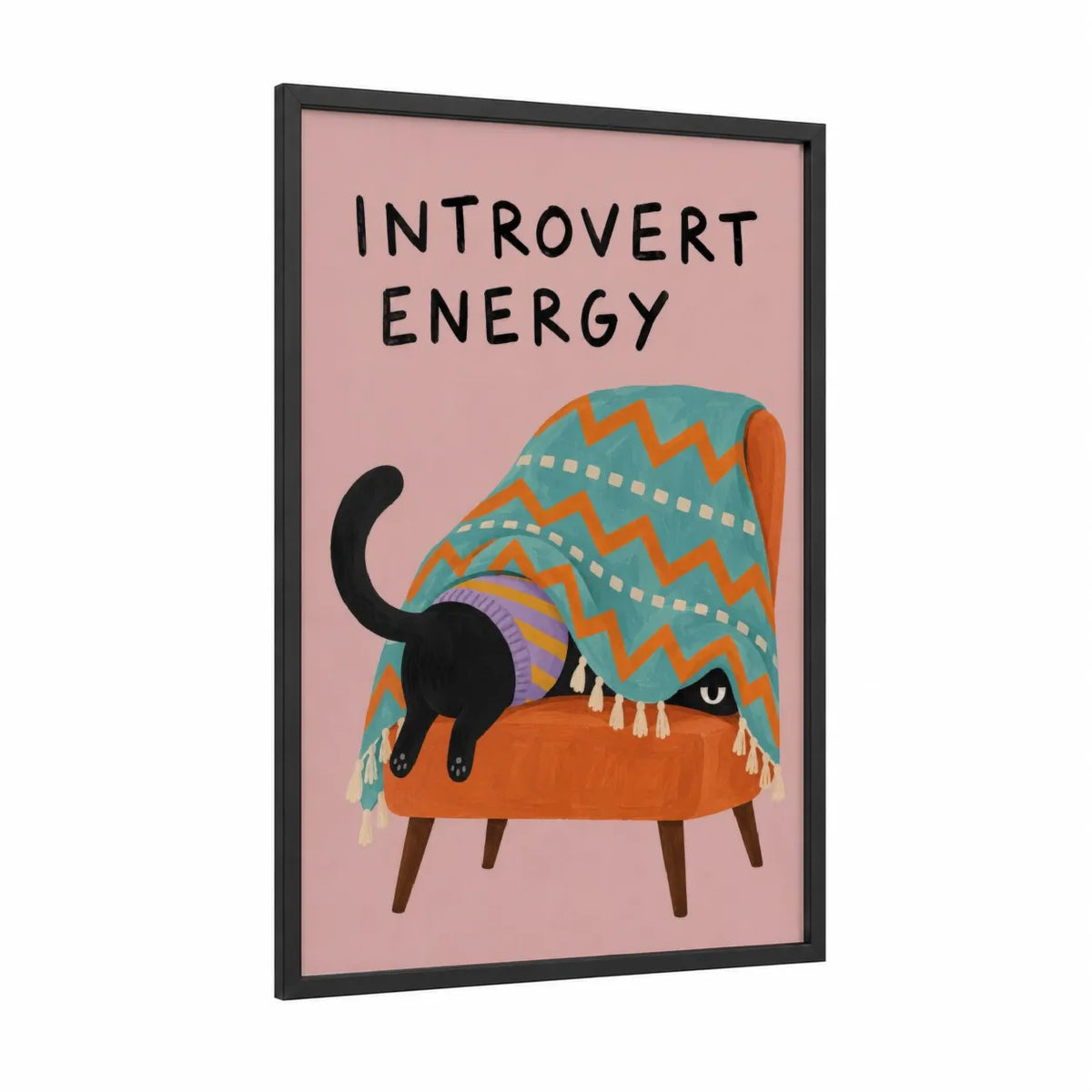 Introvert Cat Hiding Under Blanket Wall Art framed art print — black wood frame — teal and orange palette
