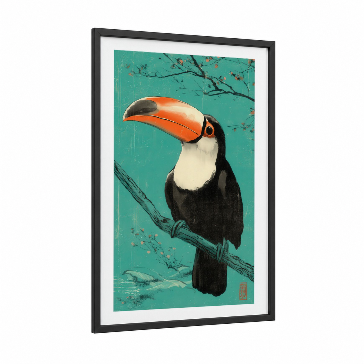 Tropical Toucan framed art print — black wood frame — teal and orange palette