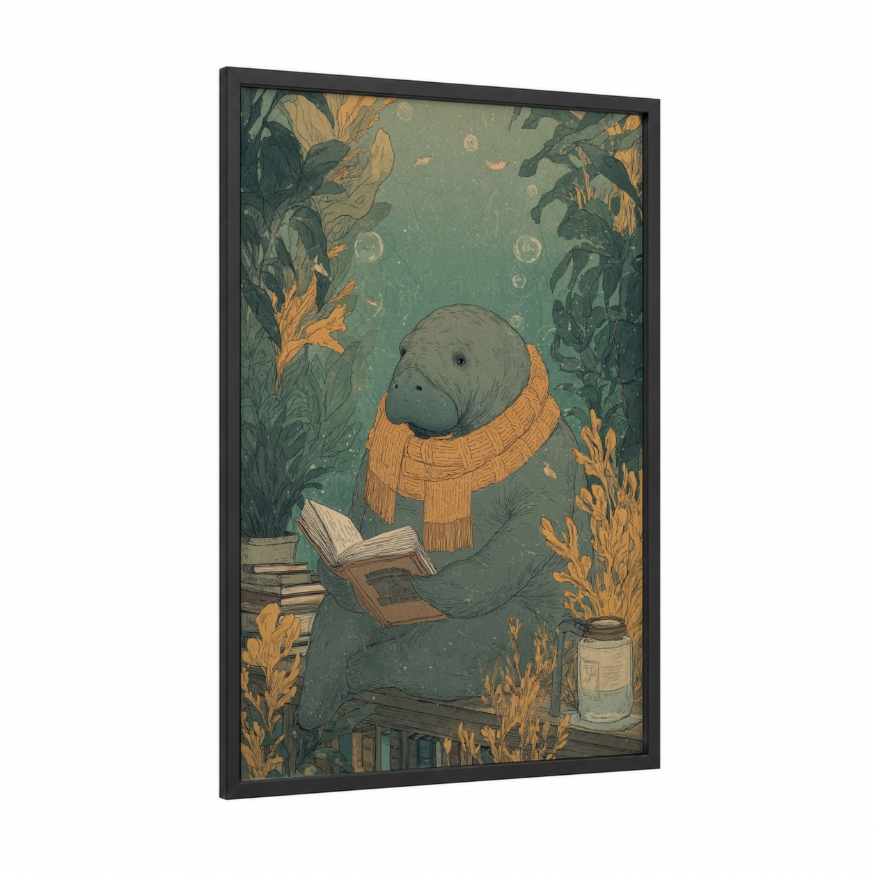 Cozy Manatee Reader framed manatees print — black wood frame — sage green and gold palette