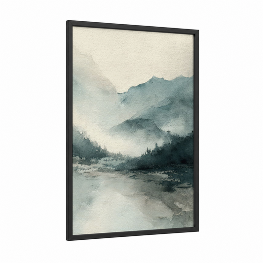 Misty Glacier Valley framed art print — black wood frame — gray and blue and white palette