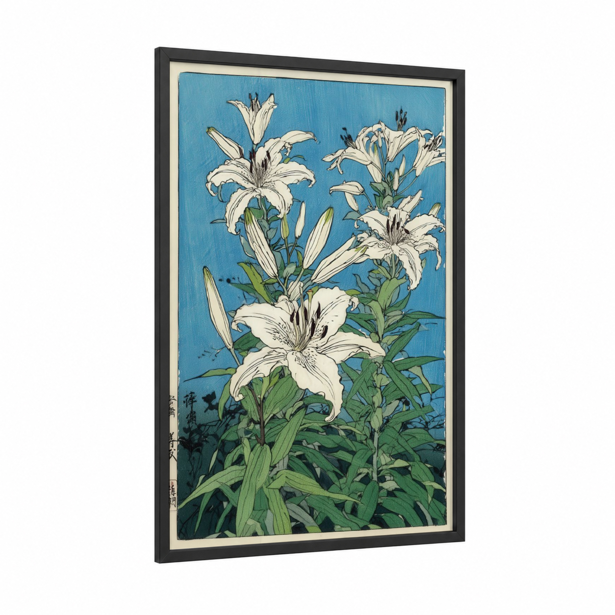 White Amaryllys Blue framed amarillys print — black wood frame — blue and white palette