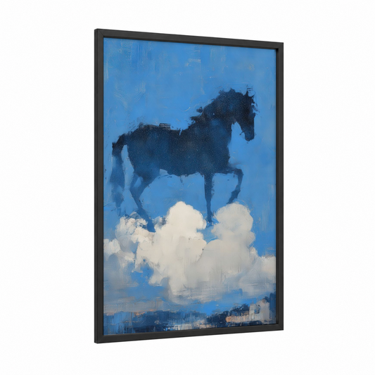 Celestial Andalusian framed andalusian horse print — black wood frame — blue and white palette