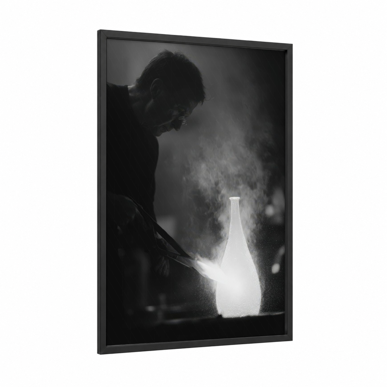 Molten Craftsmanship framed glassworking print — black wood frame — black and white palette